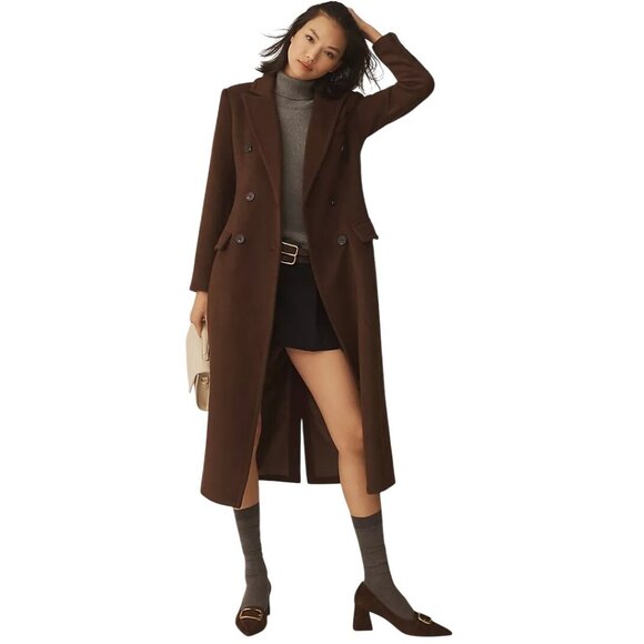 Avec Les Filles Jackets & Blazers - NWT L Avec Les Filles Womens Brown Double-Breasted Long Wool Blend Coat